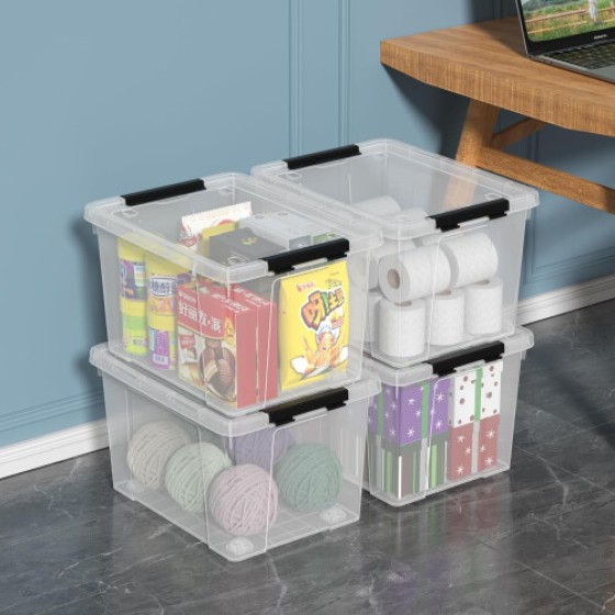 Set Kotak Penyimpanan Bening 22 Quart dengan Kait, 4 Buah, Wadah Organisasi Rumah yang Dapat Ditumpuk dengan Tutup dan Pengunci